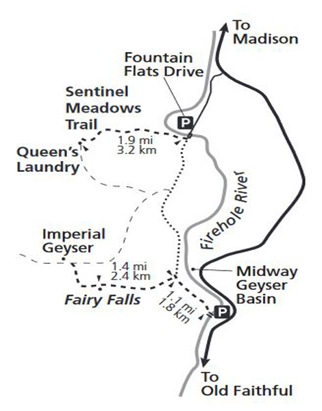 Hiking map to Fairy Falls in Yellowstone National Park